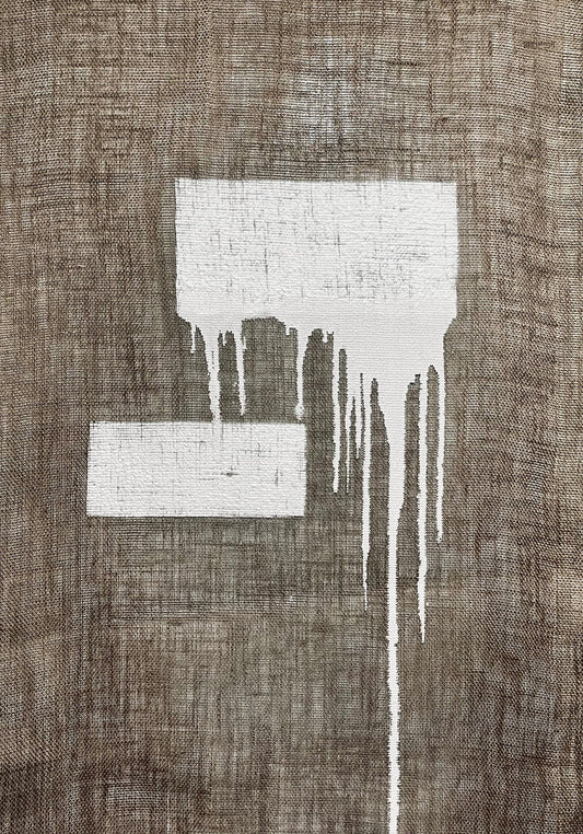 Piece depicting two white rectangles on a grey fabric. One of the rectangles is dripping paint from its bottom most line all the way down the fabric. 26"x40"x2" acrylic, mixed medium on burlap by Su Kaiden Cho