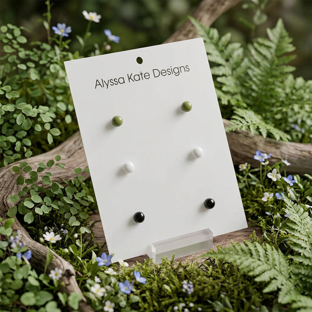 Six small round stud earrings in olive green, white, and black.