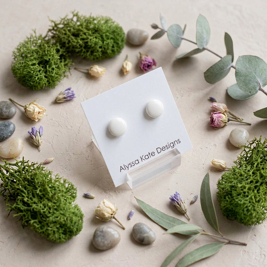 A pair of small round stud earrings in a warm off-white or cream color.