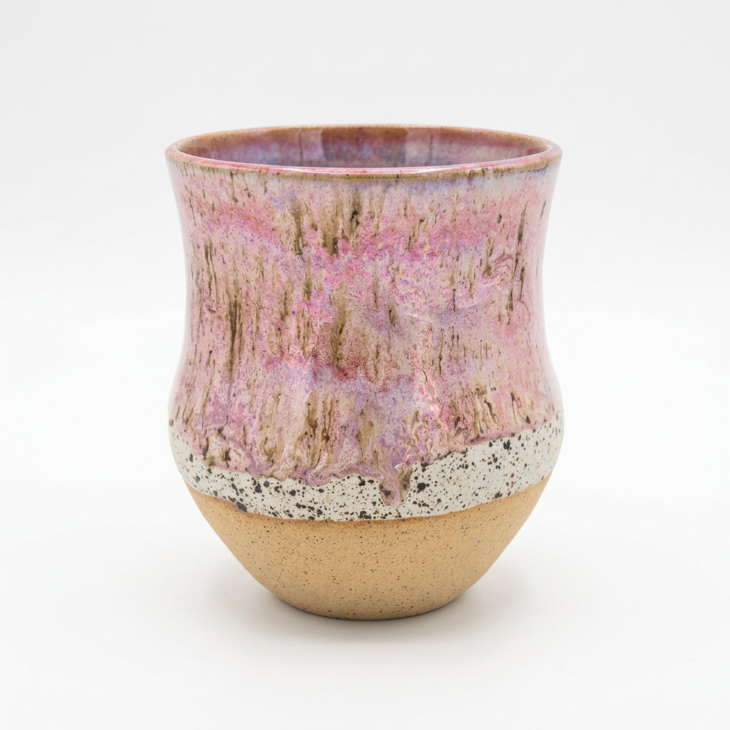 Ceramic mug with a textured, multicolored surface.