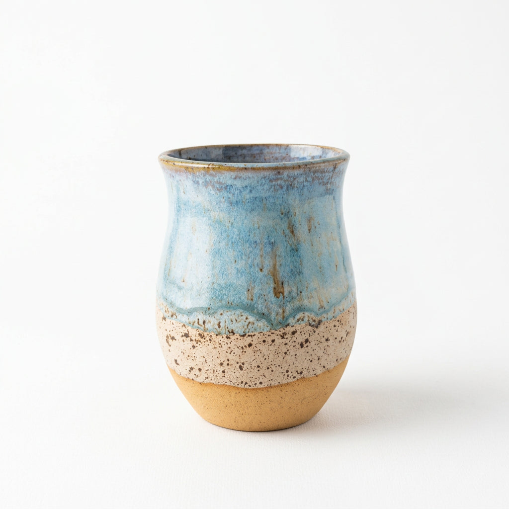 Ceramic tumbler with blue and brown gradient.