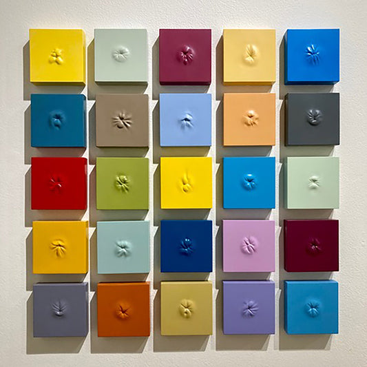 Twenty five wooden blocks painted different colors are in a 5 x 5 formation about two inches from each other. The blocks have carved ani on all of the blocks, no one block has the same anus. 2019-2021 27.5"x27.5"x1.25" painted wood by Sean O'Meallie