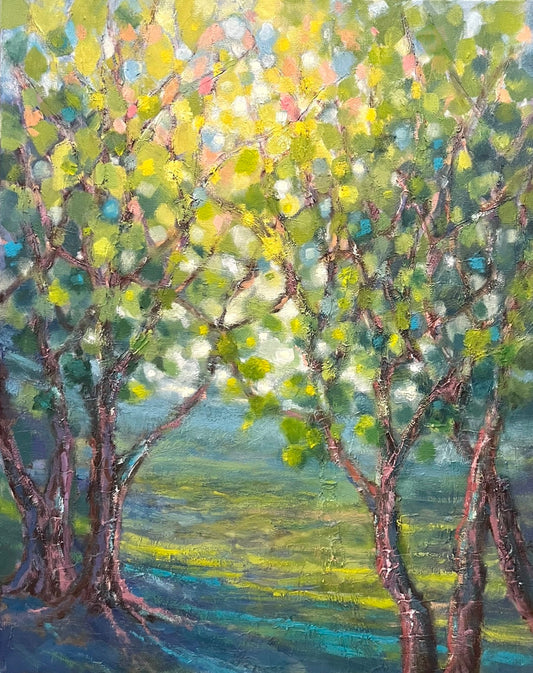 Painting depicting trees in a field. The trees have leaves made of greens, blues, and pinks. The trunks of the trees are a darker brown color that contrasts with the ground and its bright green color. 30"x24"x1.5" oil by Lelia Davis