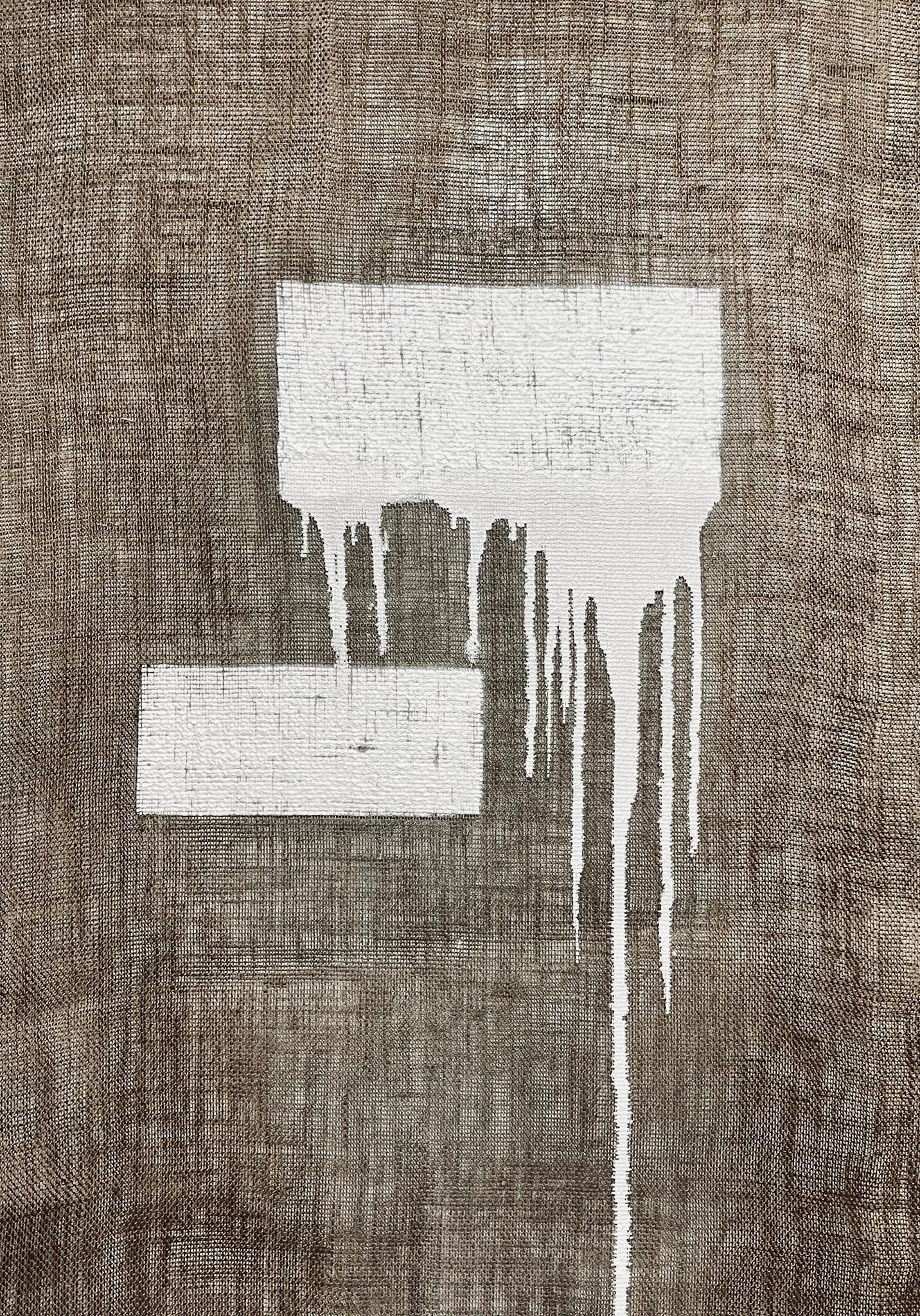 Piece depicting two white rectangles on a grey fabric. One of the rectangles is dripping paint from its bottom most line all the way down the fabric. 26"x40"x2" acrylic, mixed medium on burlap by Su Kaiden Cho