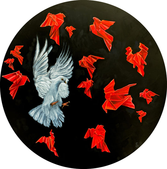 Painting depicting a dove in flight on a black background. Surrounding the dove are paper mache red birds in different positions of flight. 23.5" (diameter circle) oil on panel by Shannon Dunn
