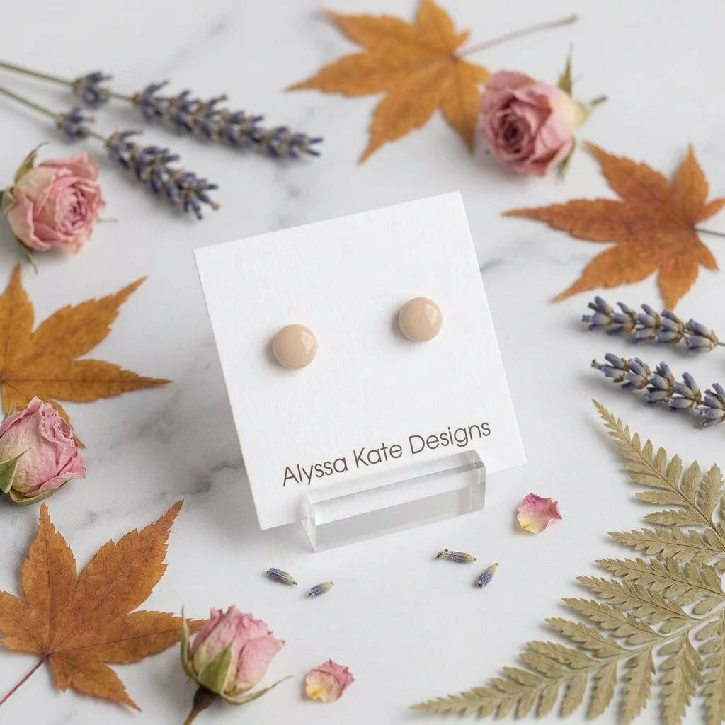 Beige Button Studded Earrings by Alyssa Kate Designs