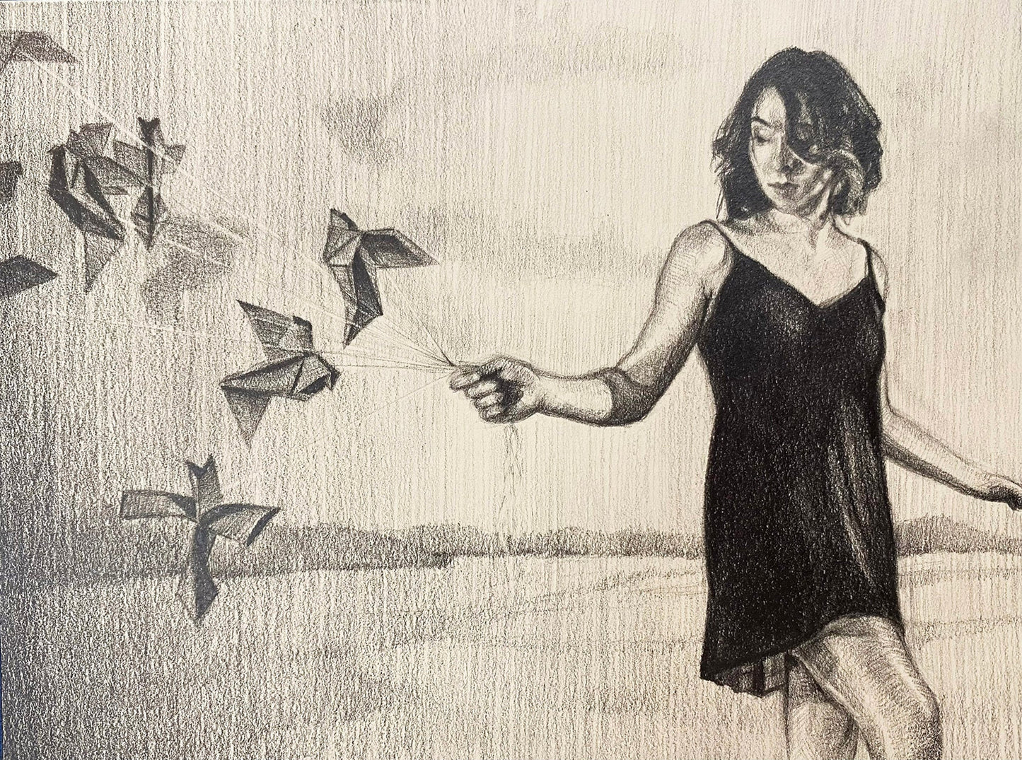 Graphite drawing of woman with paper cranes on strings. 6"x8" (12.25"x15.25" framed) graphite on paper by April Dawes