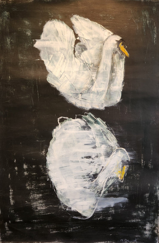 Abstract painting of two white swans on a black background, framed in gold.