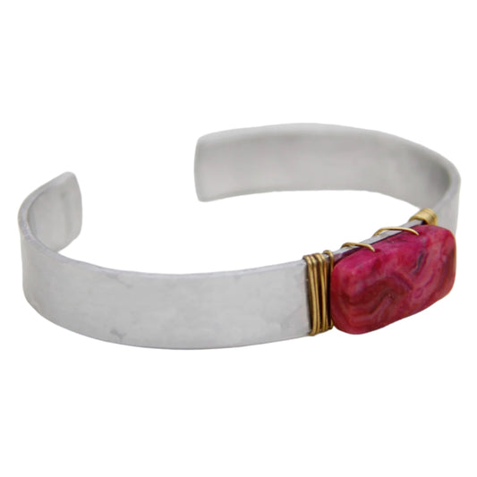 Magenta with Wire Copper and Textured Silver Bracelet