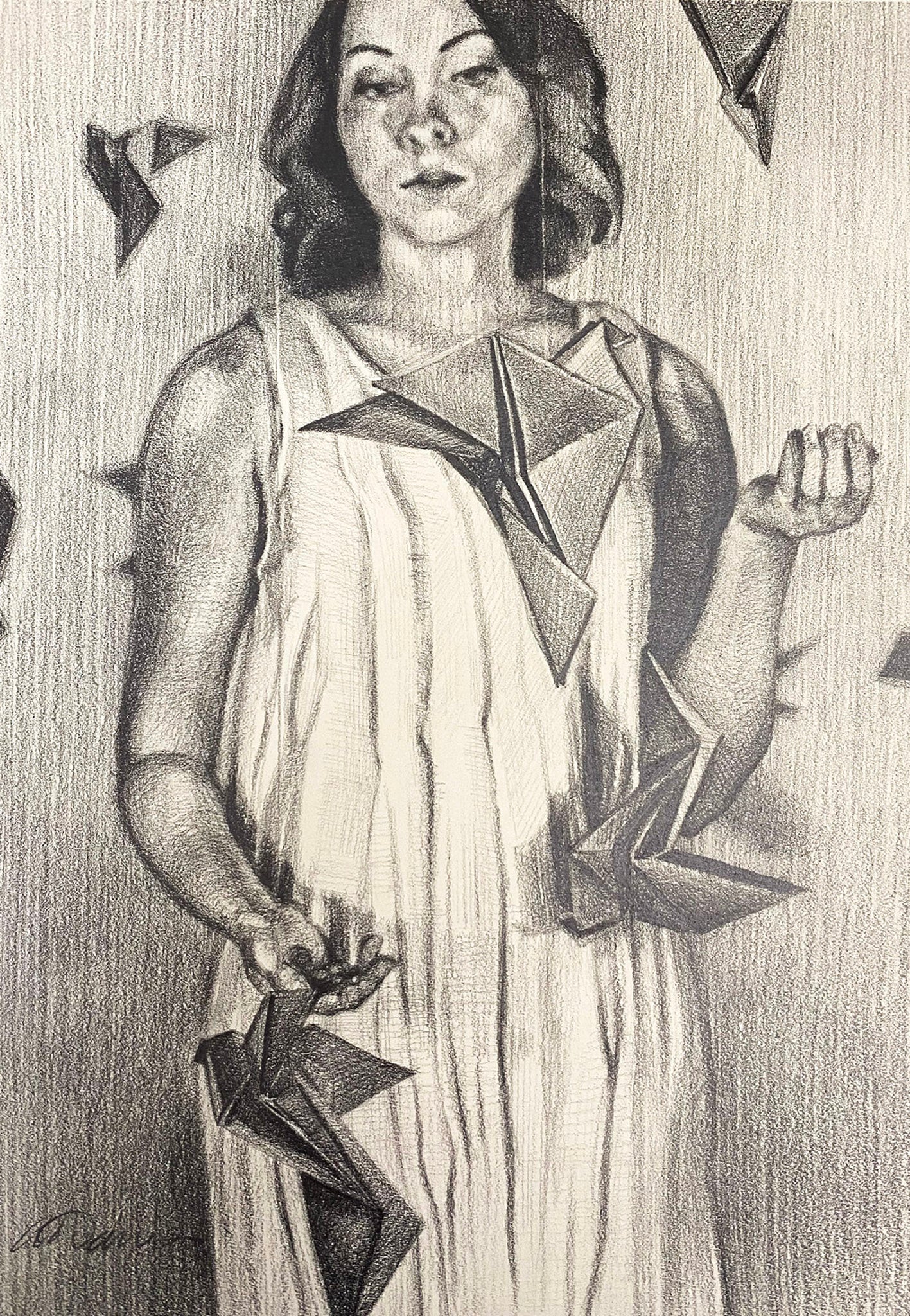 Graphite drawing of a woman playing with paper cranes. 7"x10" (12.25"x15.25" framed) graphite on paper by April Dawes