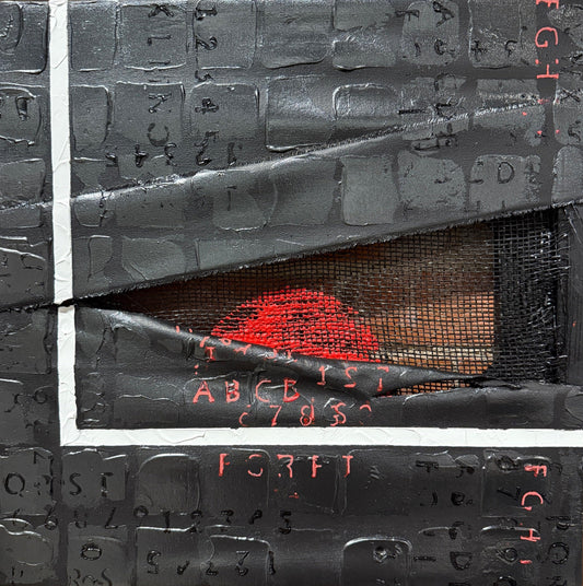 Textured black panel with red letters and numbers on a brick wall background